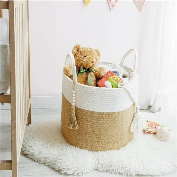 Woven Storage Basket Decorative Natural Rope Basket Wooden Bead16x13